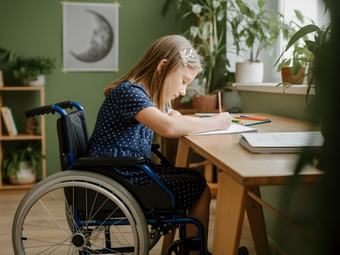 A girl in a wheelchair doing homework at a desk