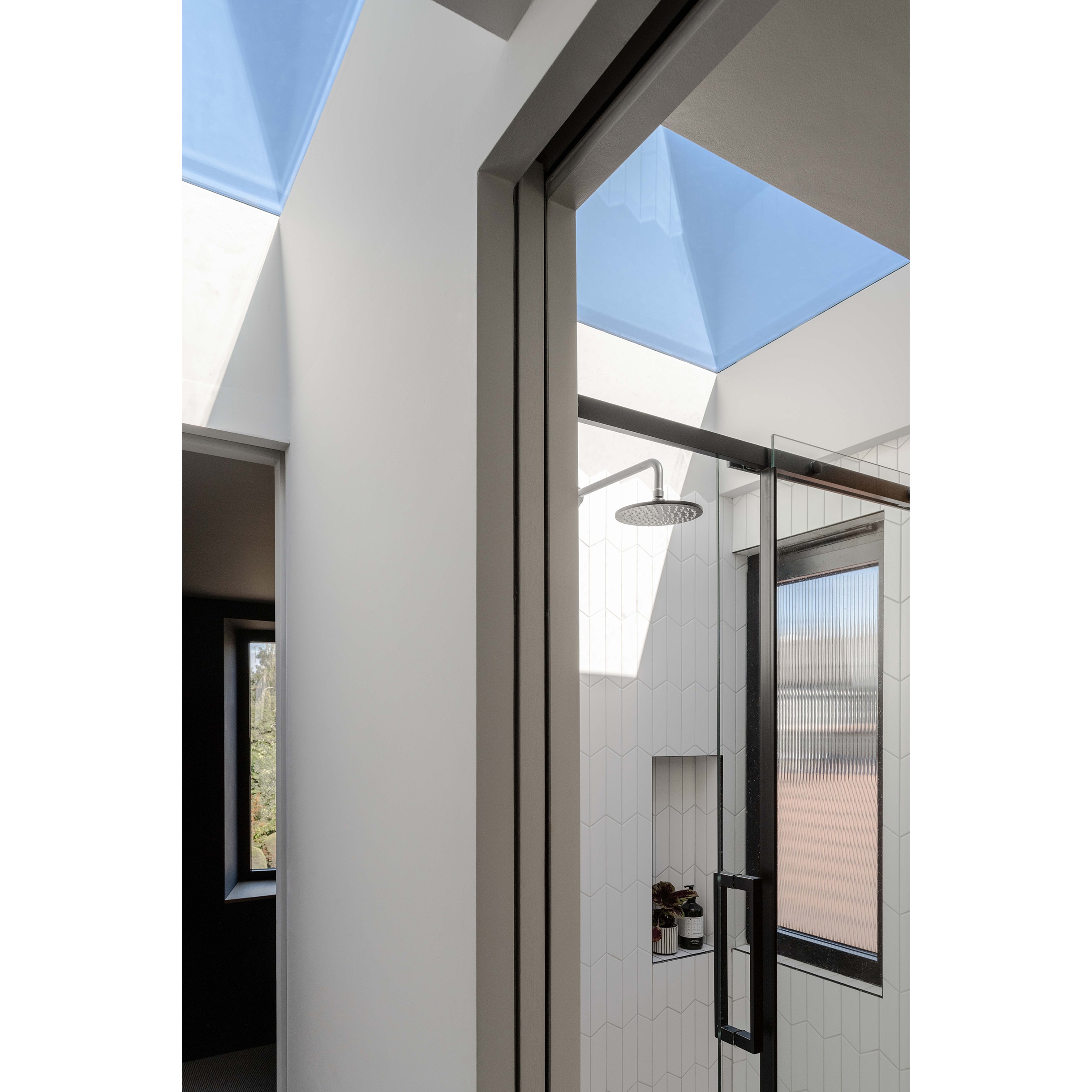 The shower has a wonderful skylight