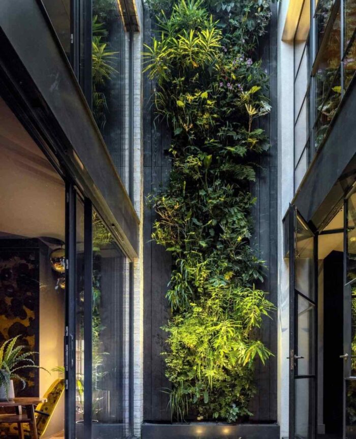 A living plant wall, otherwise known as a vertical garden, two storeys high connects the basement to the sky in this open air internal courtyard. Image: Kilian O'Sullivan