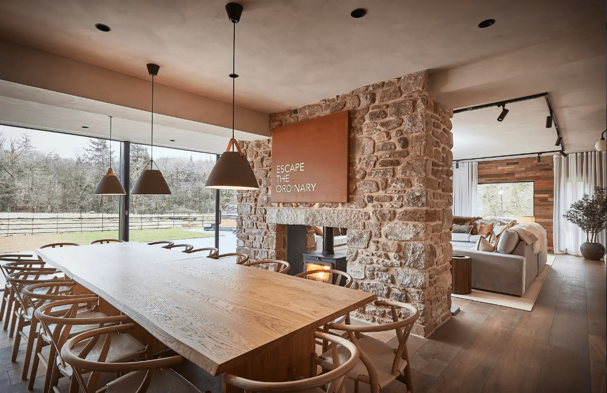 dining table and stone built chimney
